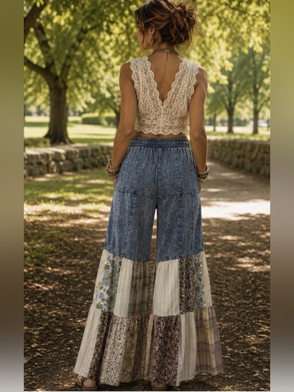 H034 NWT Blue Velvet L w14-20 Boho Patchwork Wide-Leg Denim Pants Blue Cream - Picture 2 of 12